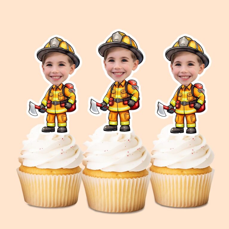 Custom Firefighter Carrying an Axe Face Cutout – Cupcake Topper Custom Firefighter Carrying an Axe Face Cutout shown on a cupcake topper mockup