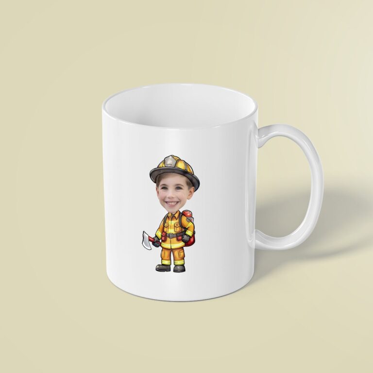 Custom Firefighter Carrying an Axe Face Cutout – Mug Custom Firefighter Carrying an Axe Face Cutout shown on a mug mockup