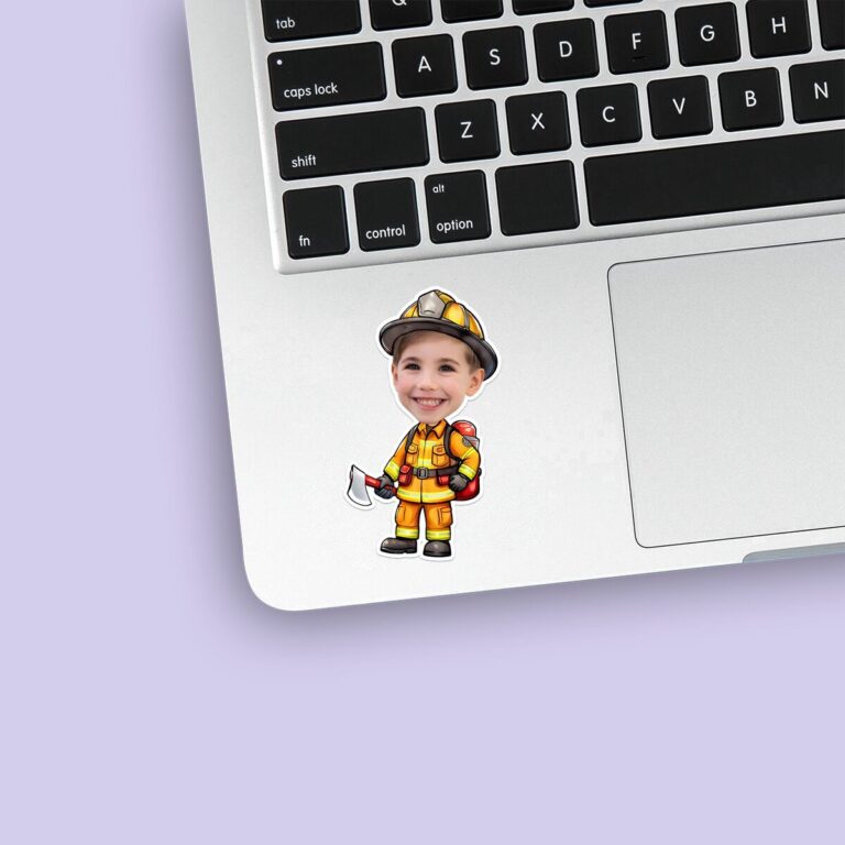 Custom Firefighter Carrying an Axe Face Cutout – Sticker Custom Firefighter Carrying an Axe Face Cutout shown on a sticker mockup