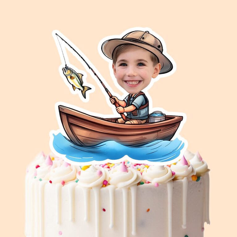 Custom Angler Fishing from a Rowboat Face Cutout – Cake Topper Custom Angler Fishing from a Rowboat Face Cutout shown on a cake topper mockup