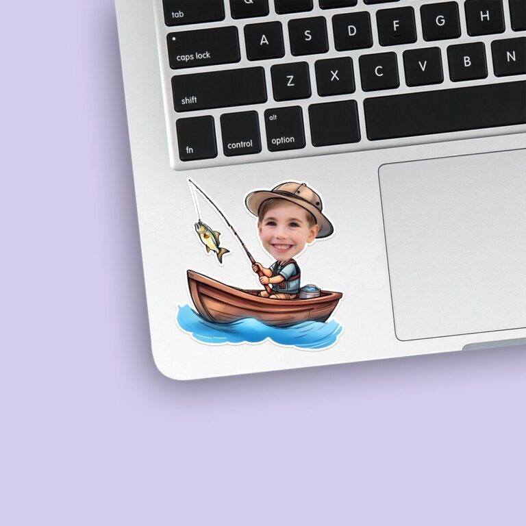 Custom Angler Fishing from a Rowboat Face Cutout – Sticker Custom Angler Fishing from a Rowboat Face Cutout shown on a sticker mockup