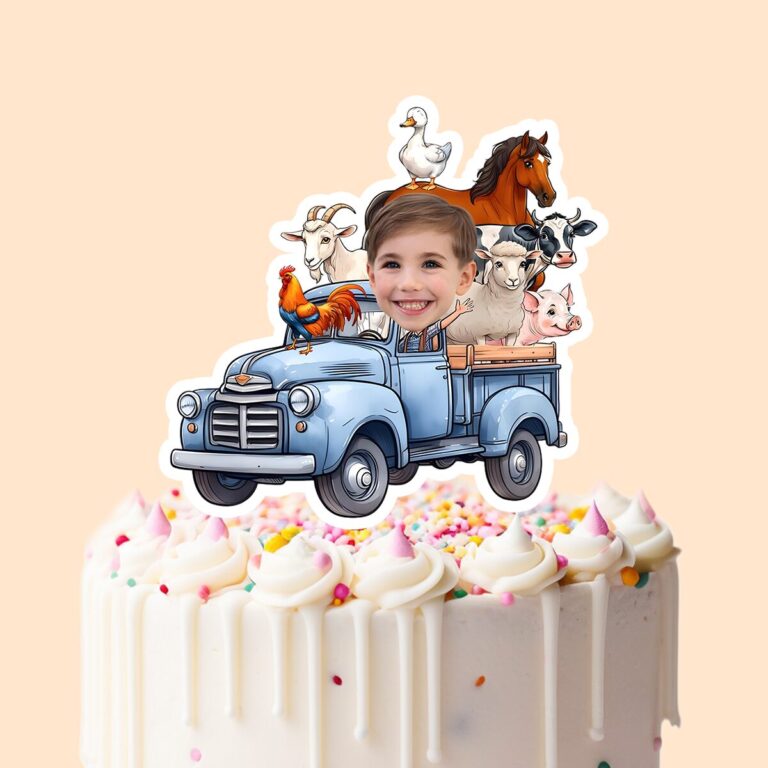 Custom Child Driving a Blue Farm Truck Full Face Cutout – Cake Topper Custom Child Driving a Blue Farm Truck Full Face Cutout shown on a cake topper mockup
