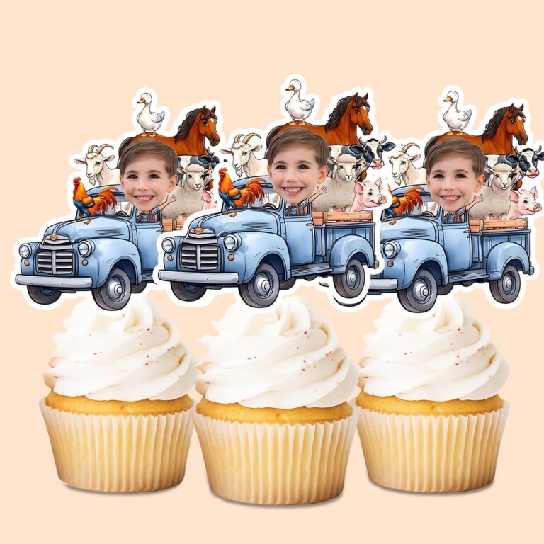 Custom Child Driving a Blue Farm Truck Full Face Cutout – Cupcake Topper Custom Child Driving a Blue Farm Truck Full Face Cutout shown on a cupcake topper mockup