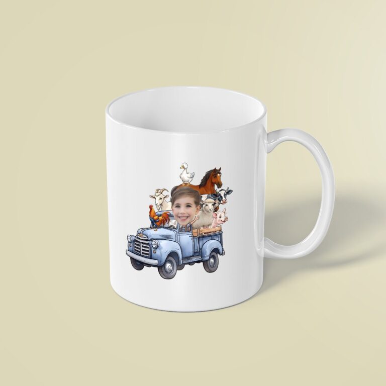 Custom Child Driving a Blue Farm Truck Full Face Cutout – Mug Custom Child Driving a Blue Farm Truck Full Face Cutout shown on a mug mockup