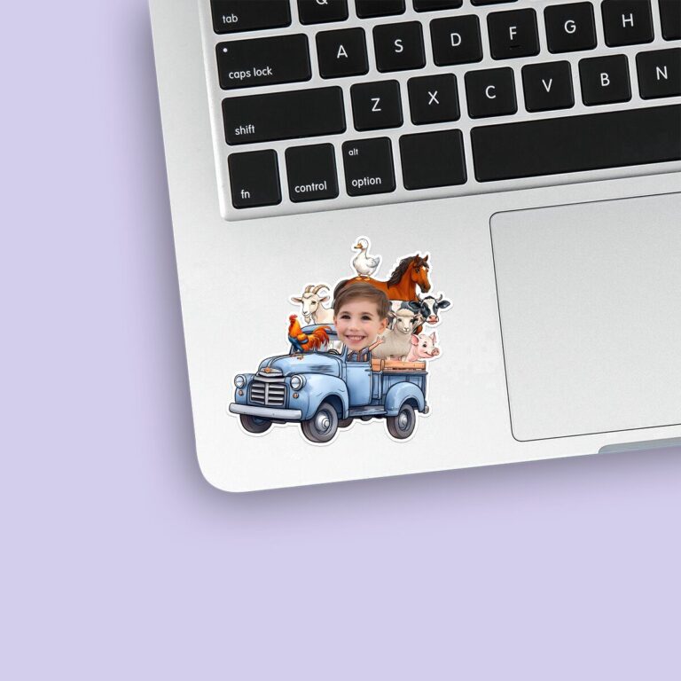 Custom Child Driving a Blue Farm Truck Full Face Cutout – Sticker Custom Child Driving a Blue Farm Truck Full Face Cutout shown on a sticker mockup