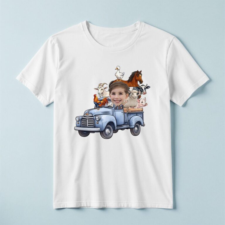 Custom Child Driving a Blue Farm Truck Full Face Cutout – T-shirt Custom Child Driving a Blue Farm Truck Full Face Cutout shown on a T-shirt mockup