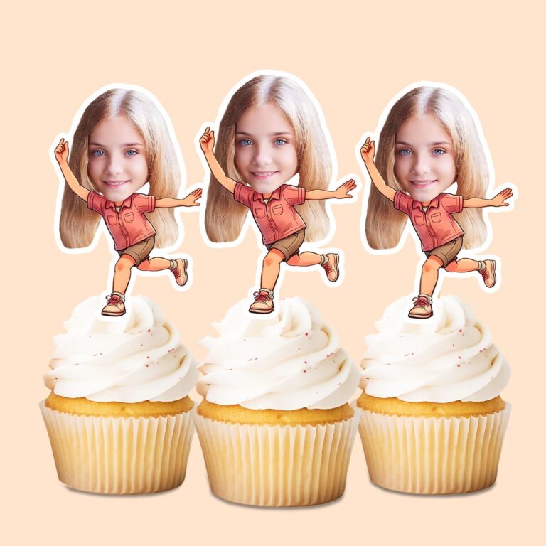 Custom Coral-Shirt Bowler Follow-Through Face Cutout – Cupcake Topper Custom Coral-Shirt Bowler Follow-Through Face Cutout shown on a cupcake topper mockup