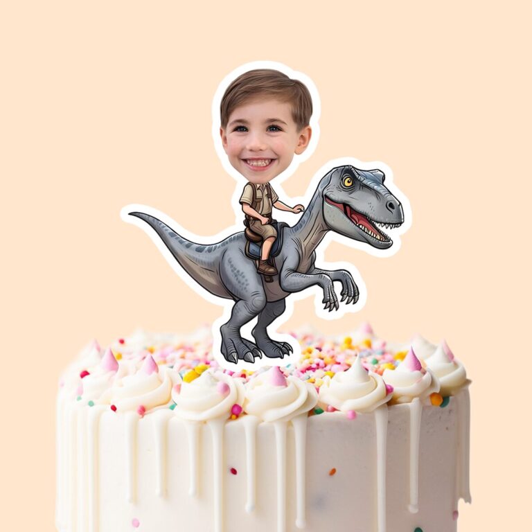 Custom Gray Raptor Explorer Rider Face Cutout – Cake Topper Custom Gray Raptor Explorer Rider Face Cutout shown on a cake topper mockup