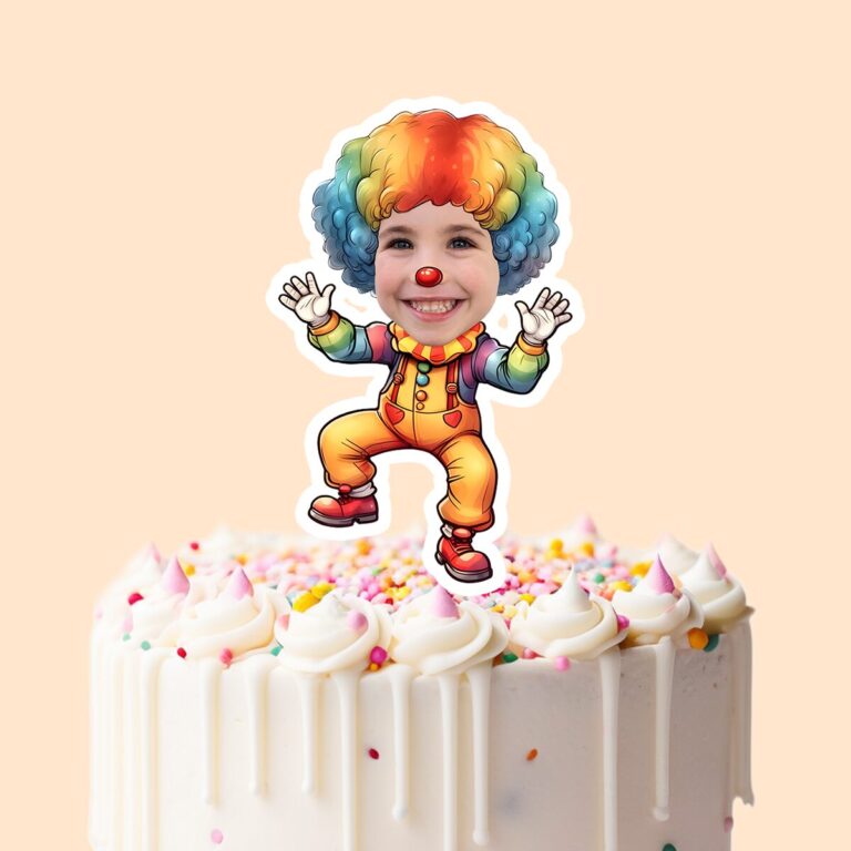 Custom Rainbow-Wig Circus Clown Face Cutout – Cake Topper Custom Rainbow-Wig Circus Clown Face Cutout shown on a cake topper mockup