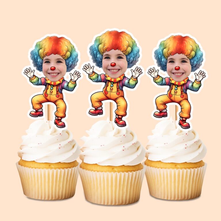 Custom Rainbow-Wig Circus Clown Face Cutout – Cupcake Topper Custom Rainbow-Wig Circus Clown Face Cutout shown on a cupcake topper mockup