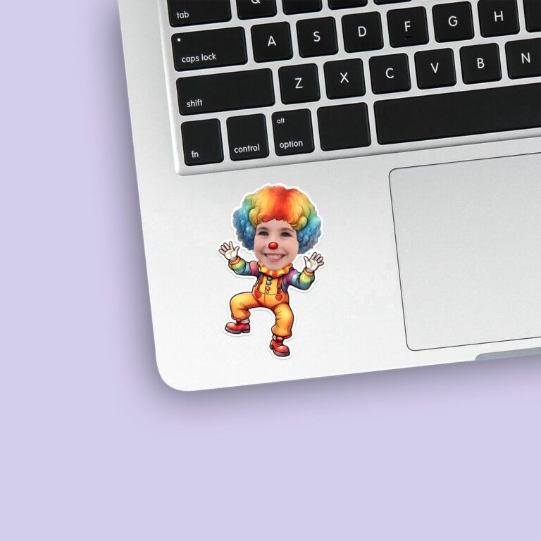 Custom Rainbow-Wig Circus Clown Face Cutout – Sticker Custom Rainbow-Wig Circus Clown Face Cutout shown on a sticker mockup
