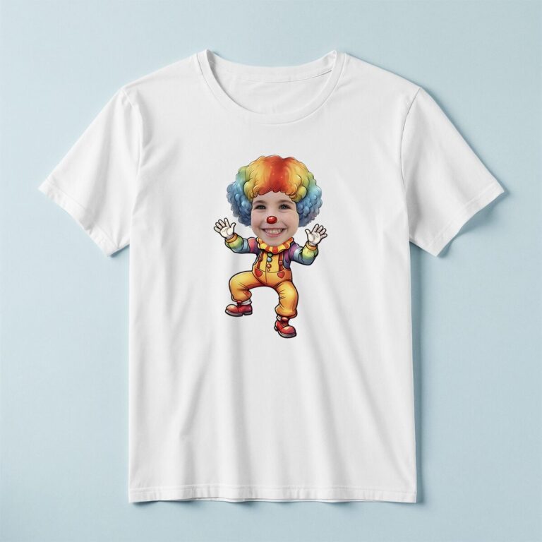 Custom Rainbow-Wig Circus Clown Face Cutout – T-shirt Custom Rainbow-Wig Circus Clown Face Cutout shown on a T-shirt mockup