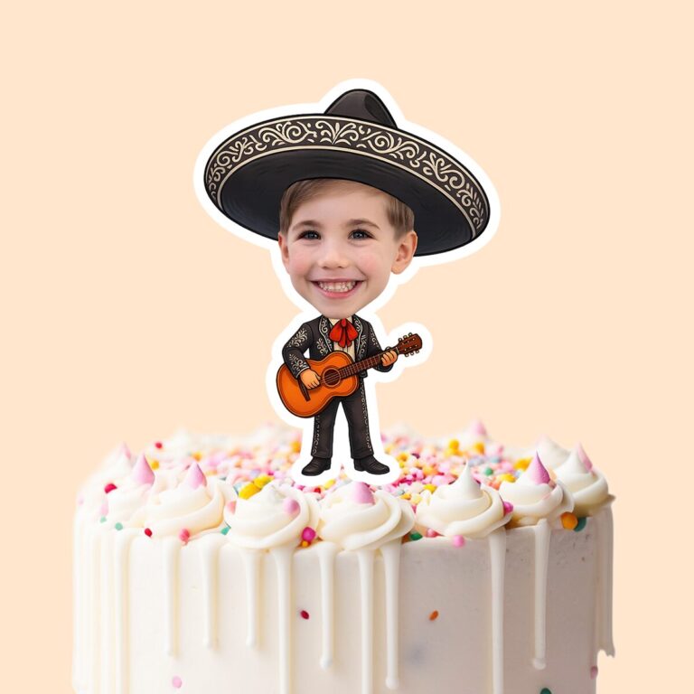 Custom Mariachi-Style Embroidered Sombrero Face Cutout – Cake Topper Custom Mariachi-Style Embroidered Sombrero Face Cutout shown on a cake topper mockup