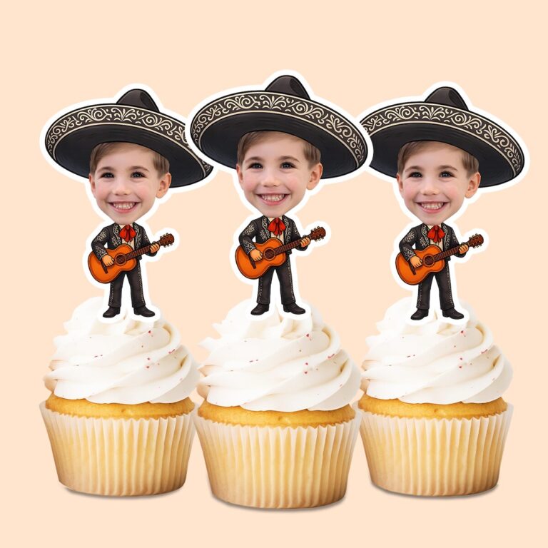 Custom Mariachi-Style Embroidered Sombrero Face Cutout – Cupcake Topper Custom Mariachi-Style Embroidered Sombrero Face Cutout shown on a cupcake topper mockup