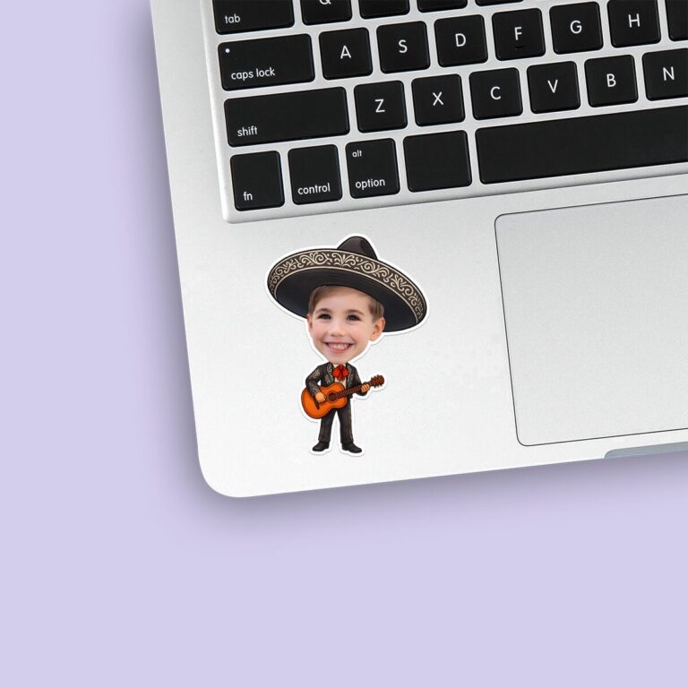 Custom Mariachi-Style Embroidered Sombrero Face Cutout – Sticker Custom Mariachi-Style Embroidered Sombrero Face Cutout shown on a sticker mockup