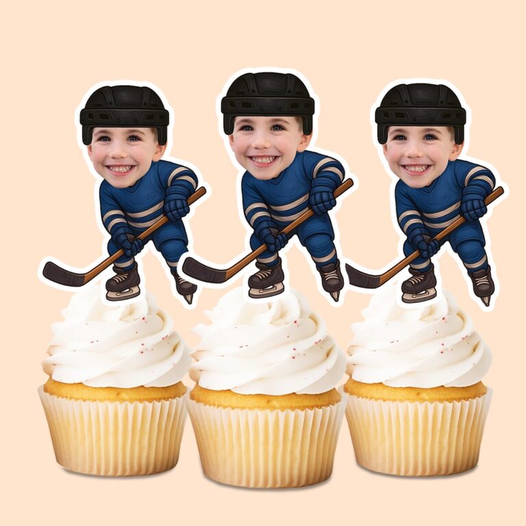 Custom Navy-Uniform Ice Hockey Skater Face Cutout – Cupcake Topper Custom Navy-Uniform Ice Hockey Skater Face Cutout shown on a cupcake topper mockup