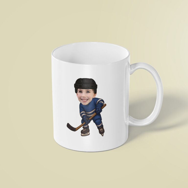 Custom Navy-Uniform Ice Hockey Skater Face Cutout – Mug Custom Navy-Uniform Ice Hockey Skater Face Cutout shown on a mug mockup