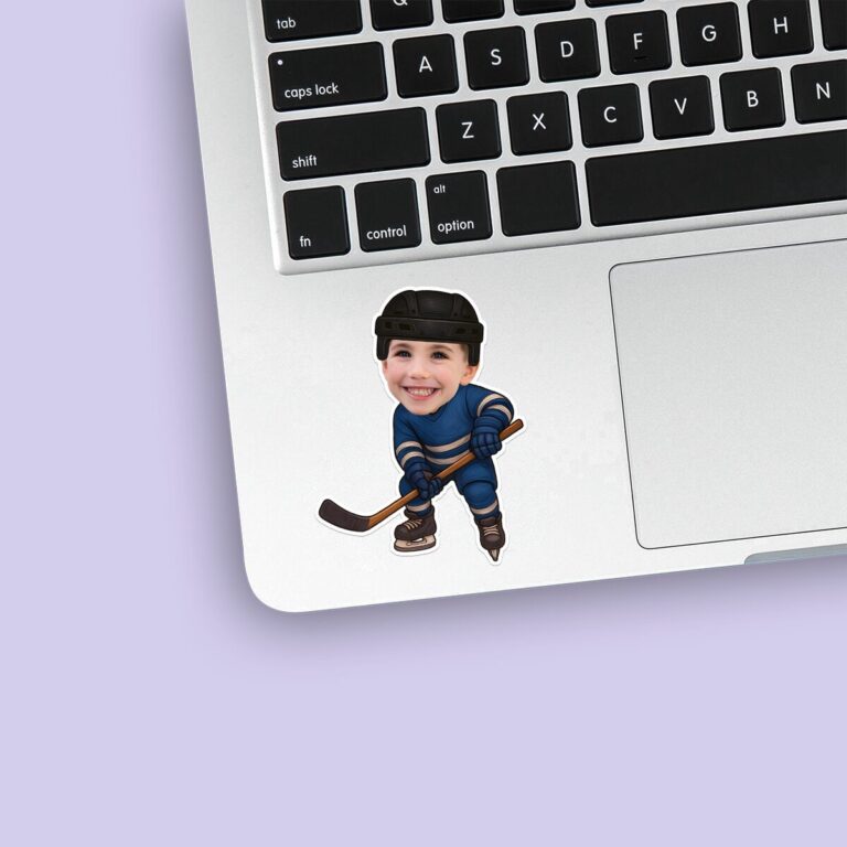 Custom Navy-Uniform Ice Hockey Skater Face Cutout – Sticker Custom Navy-Uniform Ice Hockey Skater Face Cutout shown on a sticker mockup