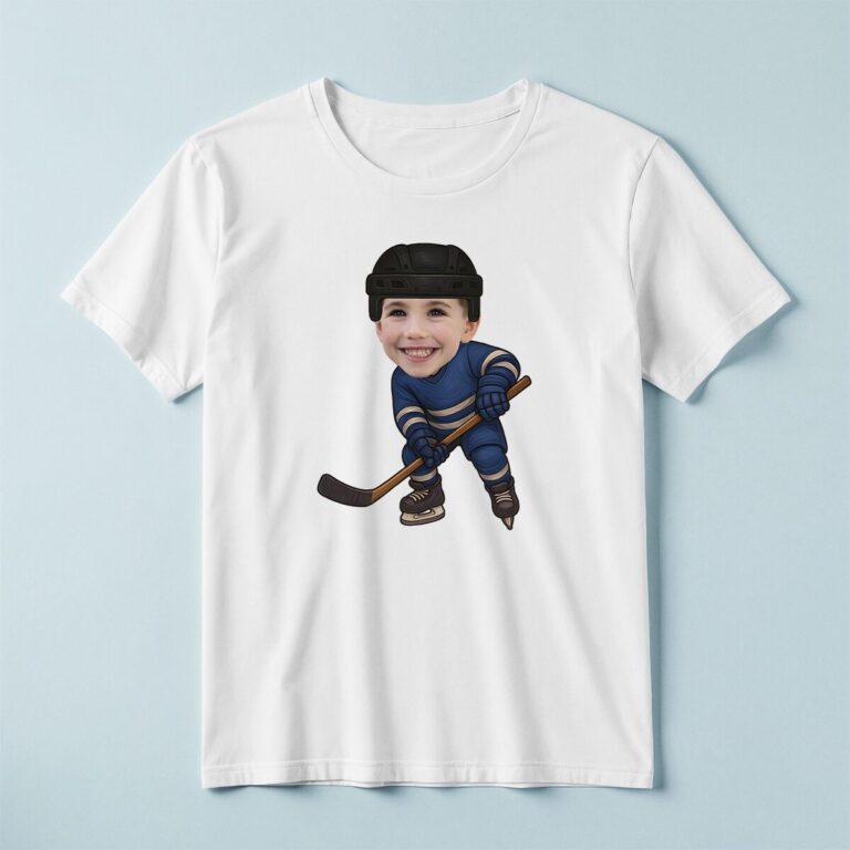 Custom Navy-Uniform Ice Hockey Skater Face Cutout – T-shirt Custom Navy-Uniform Ice Hockey Skater Face Cutout shown on a T-shirt mockup
