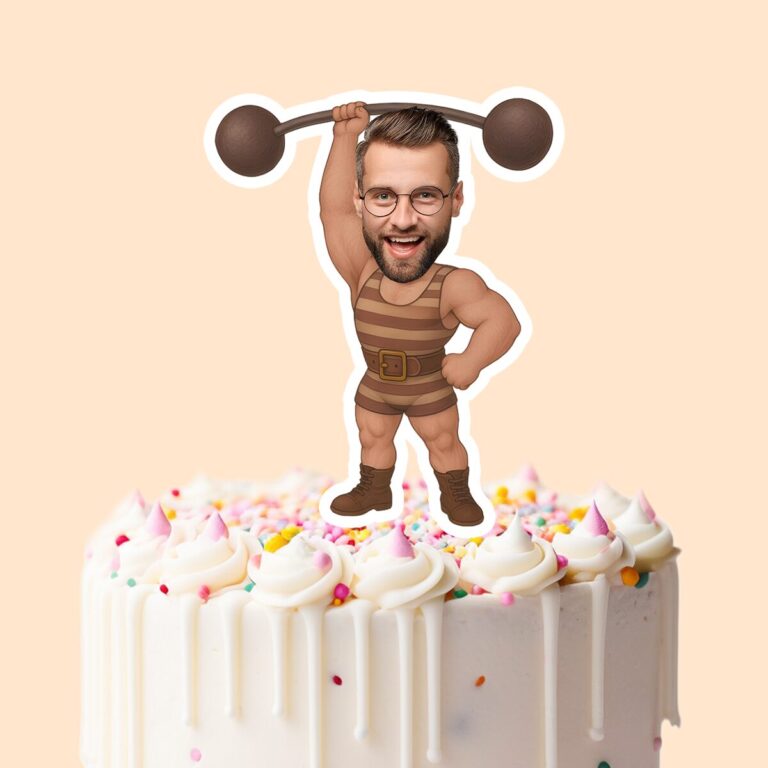 Custom Circus Strongman Brown Striped Singlet Face Cutout – Cake Topper Custom Circus Strongman Brown Striped Singlet Face Cutout shown on a cake topper mockup