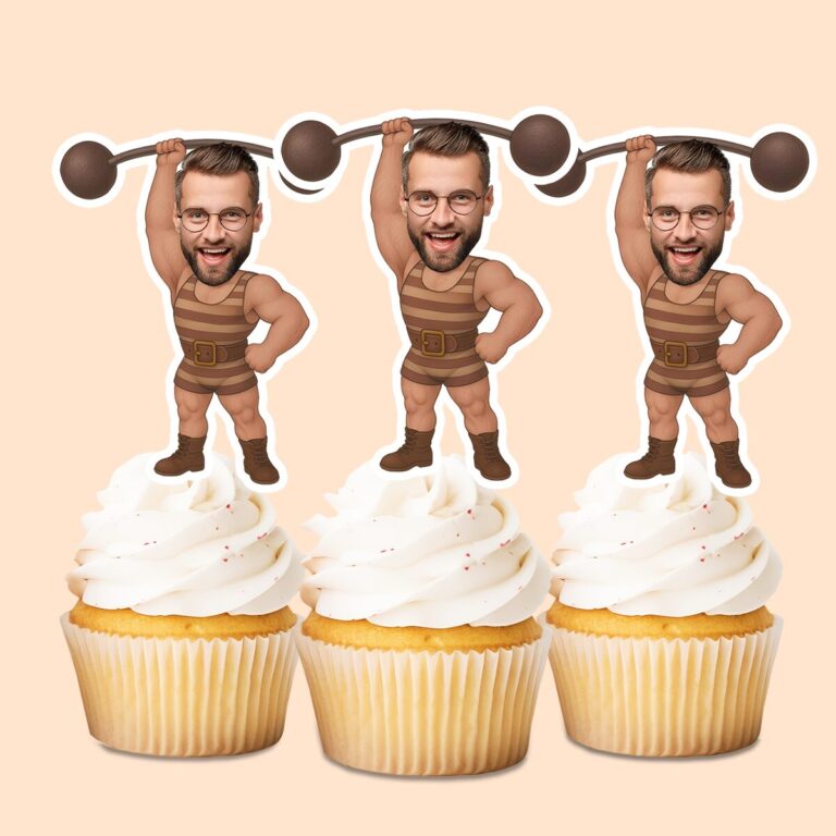 Custom Circus Strongman Brown Striped Singlet Face Cutout – Cupcake Topper Custom Circus Strongman Brown Striped Singlet Face Cutout shown on a cupcake topper mockup
