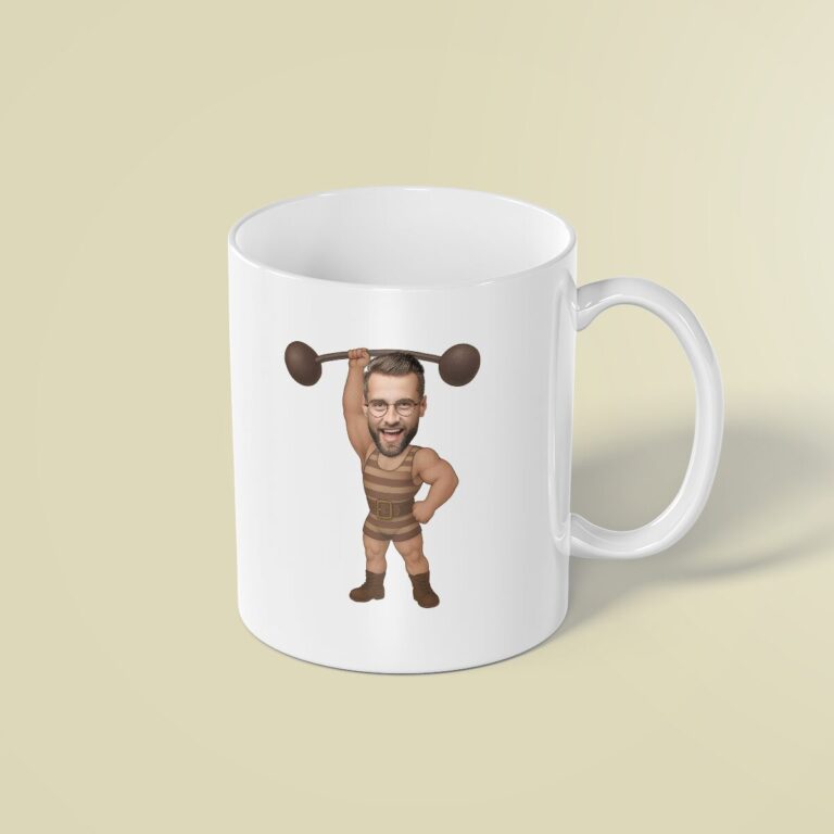 Custom Circus Strongman Brown Striped Singlet Face Cutout – Mug Custom Circus Strongman Brown Striped Singlet Face Cutout shown on a mug mockup