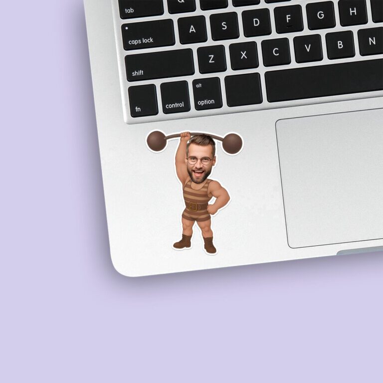 Custom Circus Strongman Brown Striped Singlet Face Cutout – Sticker Custom Circus Strongman Brown Striped Singlet Face Cutout shown on a sticker mockup