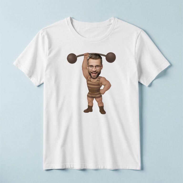 Custom Circus Strongman Brown Striped Singlet Face Cutout – T-shirt Custom Circus Strongman Brown Striped Singlet Face Cutout shown on a T-shirt mockup