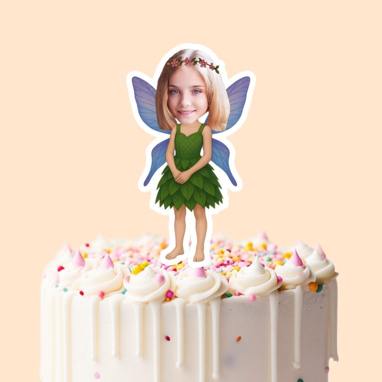 Custom Green Leaf Fairy Face Cutout – Cake Topper Custom Green Leaf Fairy Face Cutout shown on a cake topper mockup