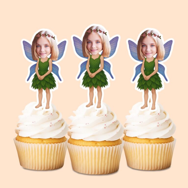 Custom Green Leaf Fairy Face Cutout – Cupcake Topper Custom Green Leaf Fairy Face Cutout shown on a cupcake topper mockup
