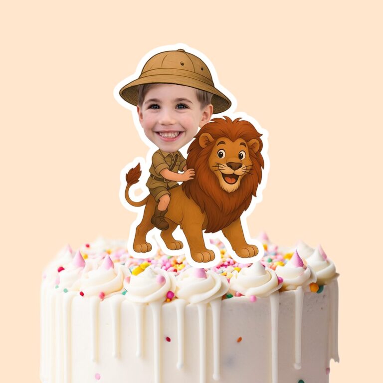 Custom Lion Safari Explorer Face Cutout – Cake Topper Custom Lion Safari Explorer Face Cutout shown on a cake topper mockup