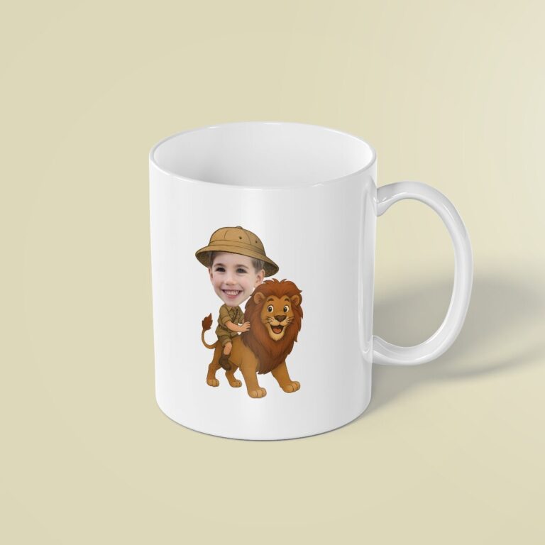 Custom Lion Safari Explorer Face Cutout – Mug Custom Lion Safari Explorer Face Cutout shown on a mug mockup