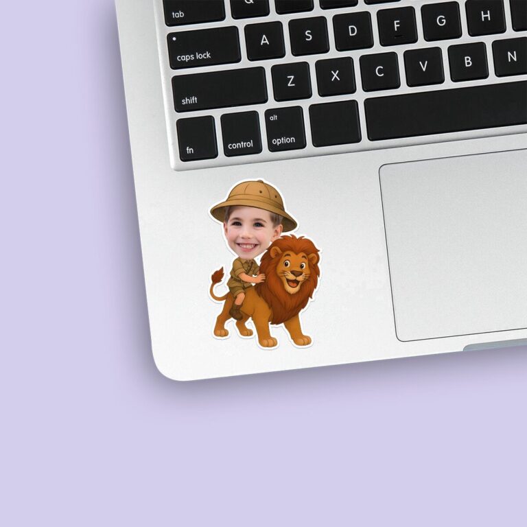Custom Lion Safari Explorer Face Cutout – Sticker Custom Lion Safari Explorer Face Cutout shown on a sticker mockup