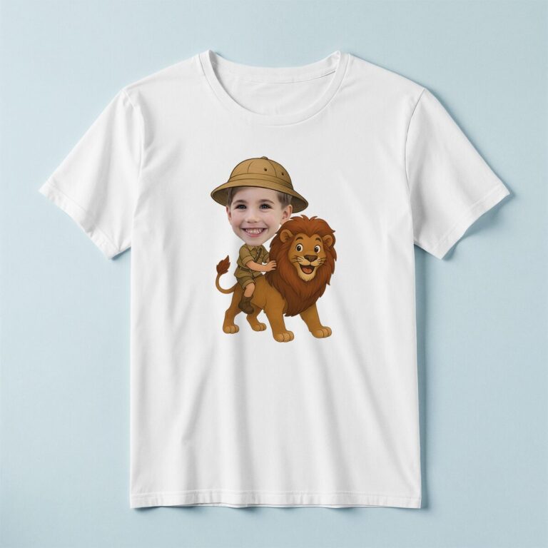 Custom Lion Safari Explorer Face Cutout – T-shirt Custom Lion Safari Explorer Face Cutout shown on a T-shirt mockup