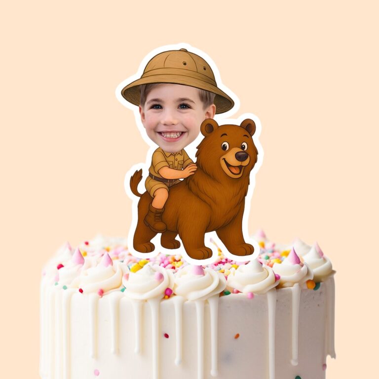 Custom Bear Safari Explorer Face Cutout – Cake Topper Custom Bear Safari Explorer Face Cutout shown on a cake topper mockup