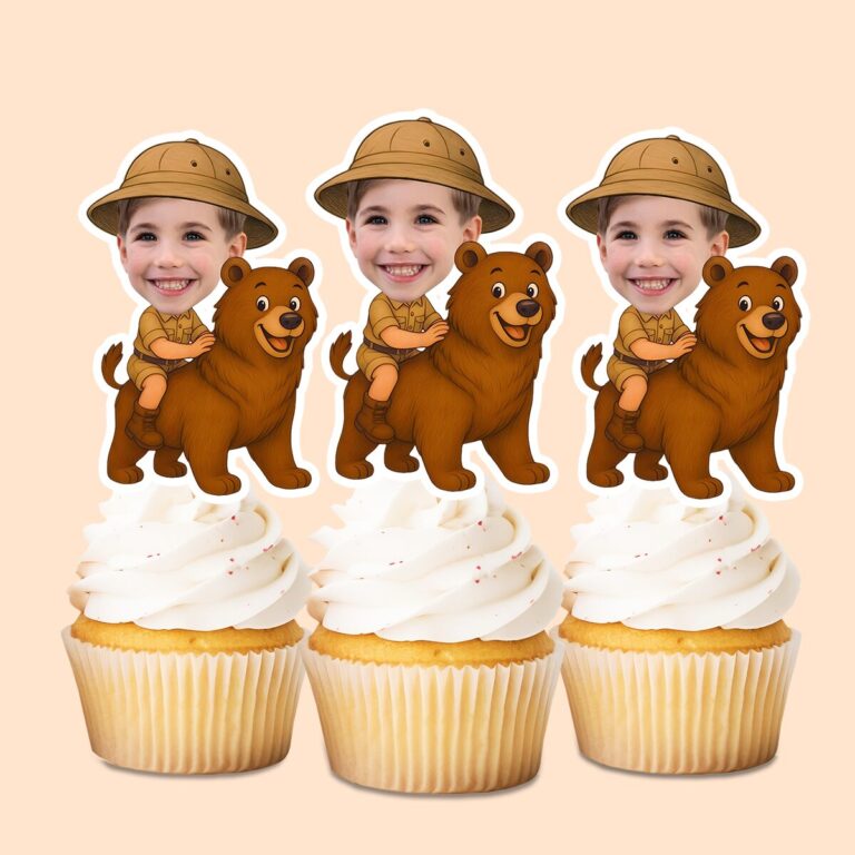 Custom Bear Safari Explorer Face Cutout – Cupcake Topper Custom Bear Safari Explorer Face Cutout shown on a cupcake topper mockup