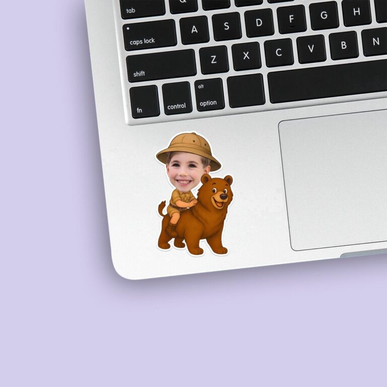Custom Bear Safari Explorer Face Cutout – Sticker Custom Bear Safari Explorer Face Cutout shown on a sticker mockup