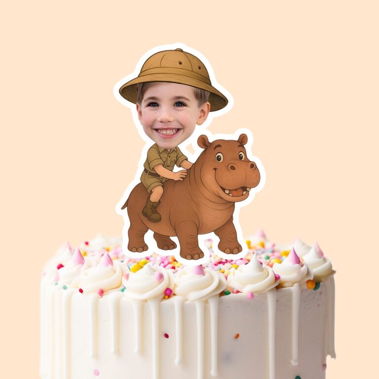 Custom Hippopotamus Safari Friendly Brown Face Cutout – Cake Topper Custom Hippopotamus Safari Friendly Brown Face Cutout shown on a cake topper mockup