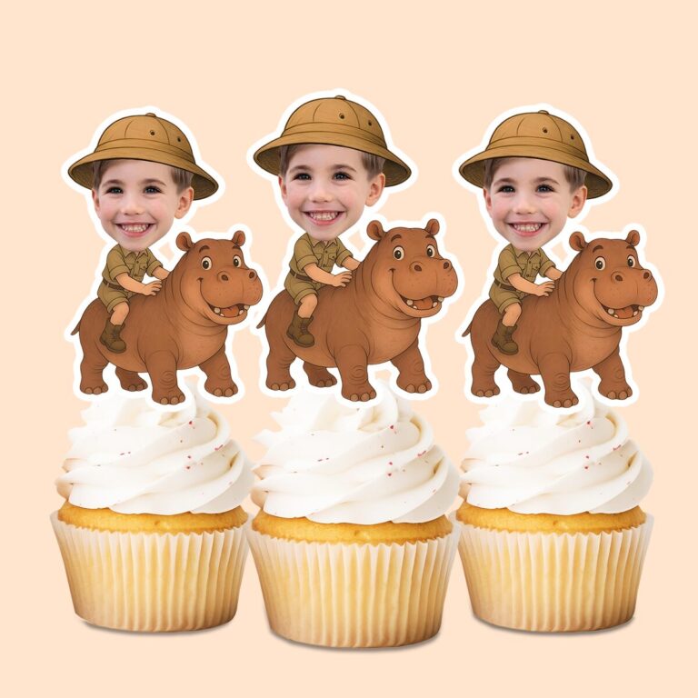 Custom Hippopotamus Safari Friendly Brown Face Cutout – Cupcake Topper Custom Hippopotamus Safari Friendly Brown Face Cutout shown on a cupcake topper mockup