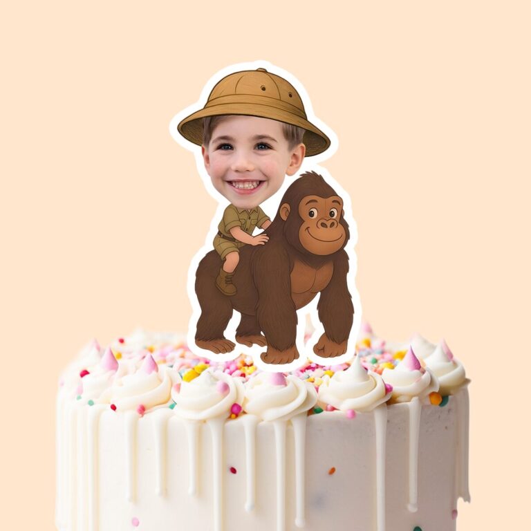 Custom Gorilla Safari Large Brown Gorilla Face Cutout – Cake Topper Custom Gorilla Safari Large Brown Gorilla Face Cutout shown on a cake topper mockup