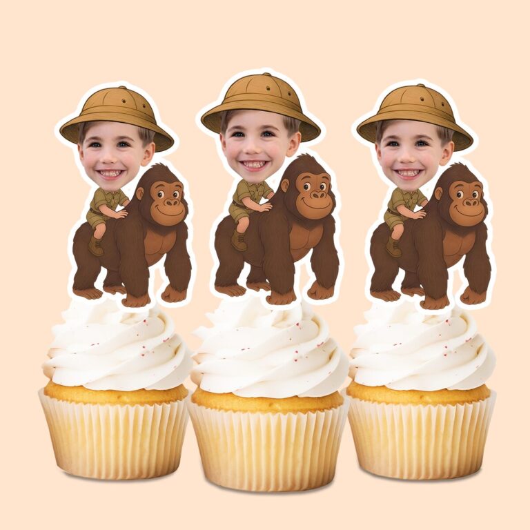 Custom Gorilla Safari Large Brown Gorilla Face Cutout – Cupcake Topper Custom Gorilla Safari Large Brown Gorilla Face Cutout shown on a cupcake topper mockup