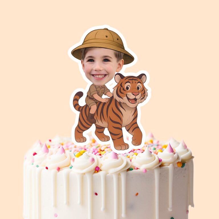 Custom Tiger Safari Rider Holding on Face Cutout – Cake Topper Custom Tiger Safari Rider Holding on Face Cutout shown on a cake topper mockup
