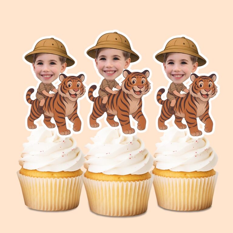 Custom Tiger Safari Rider Holding on Face Cutout – Cupcake Topper Custom Tiger Safari Rider Holding on Face Cutout shown on a cupcake topper mockup