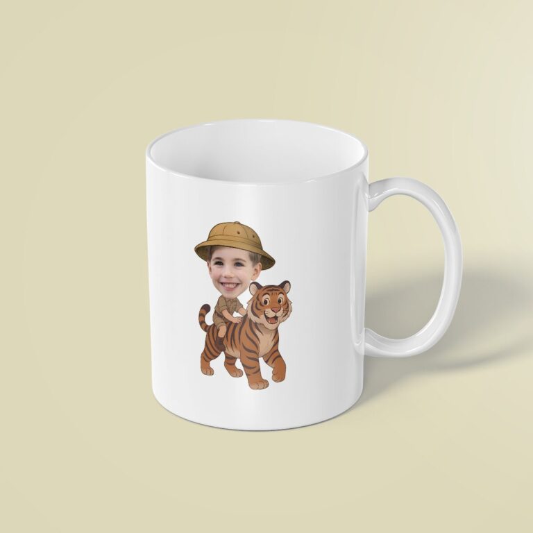 Custom Tiger Safari Rider Holding on Face Cutout – Mug Custom Tiger Safari Rider Holding on Face Cutout shown on a mug mockup