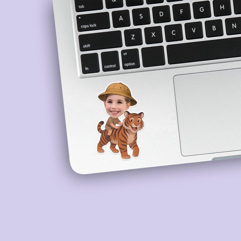 Custom Tiger Safari Rider Holding on Face Cutout – Sticker Custom Tiger Safari Rider Holding on Face Cutout shown on a sticker mockup