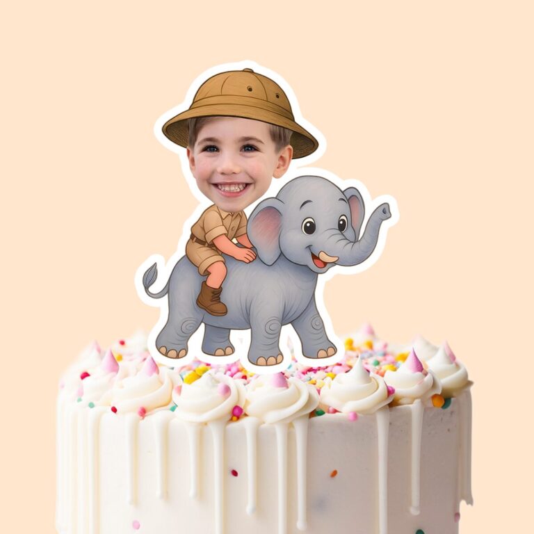 Custom Elephant Safari Rider Holding on Face Cutout – Cake Topper Custom Elephant Safari Rider Holding on Face Cutout shown on a cake topper mockup