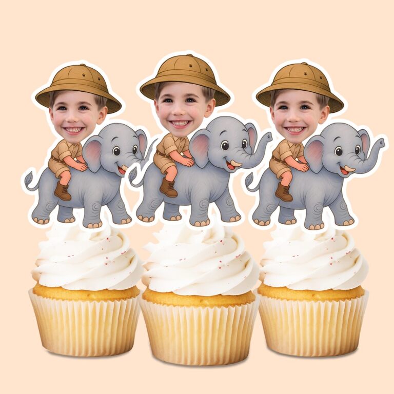 Custom Elephant Safari Rider Holding on Face Cutout – Cupcake Topper Custom Elephant Safari Rider Holding on Face Cutout shown on a cupcake topper mockup
