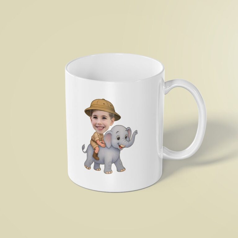 Custom Elephant Safari Rider Holding on Face Cutout – Mug Custom Elephant Safari Rider Holding on Face Cutout shown on a mug mockup