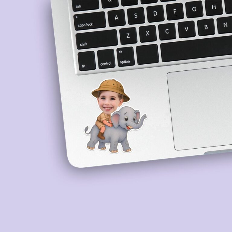 Custom Elephant Safari Rider Holding on Face Cutout – Sticker Custom Elephant Safari Rider Holding on Face Cutout shown on a sticker mockup