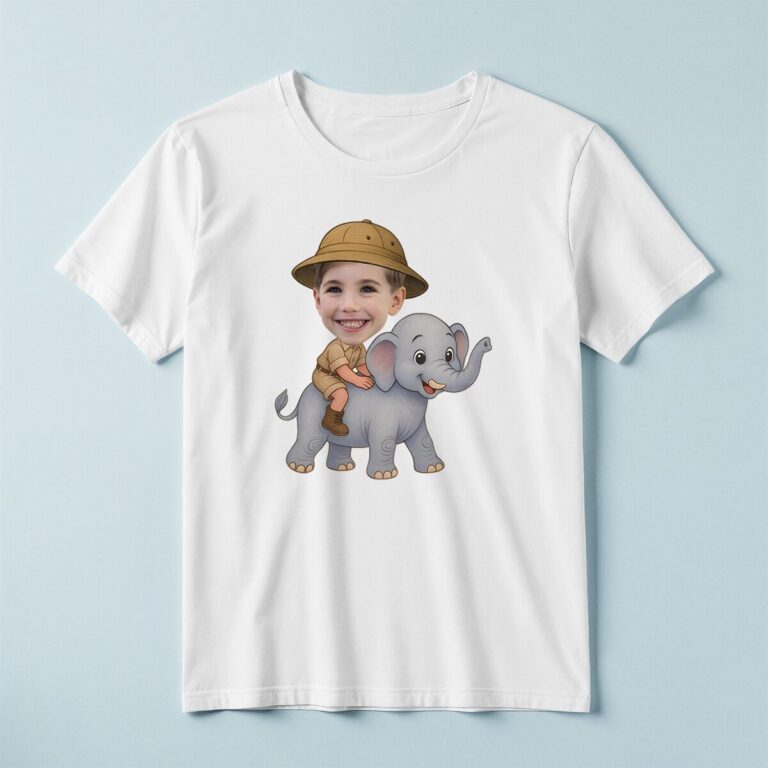 Custom Elephant Safari Rider Holding on Face Cutout – T-shirt Custom Elephant Safari Rider Holding on Face Cutout shown on a T-shirt mockup